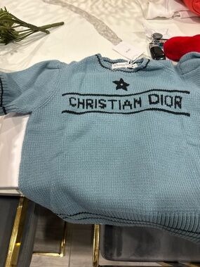 Dior Light Blue Knit Crewneck Sweater with Black Logo